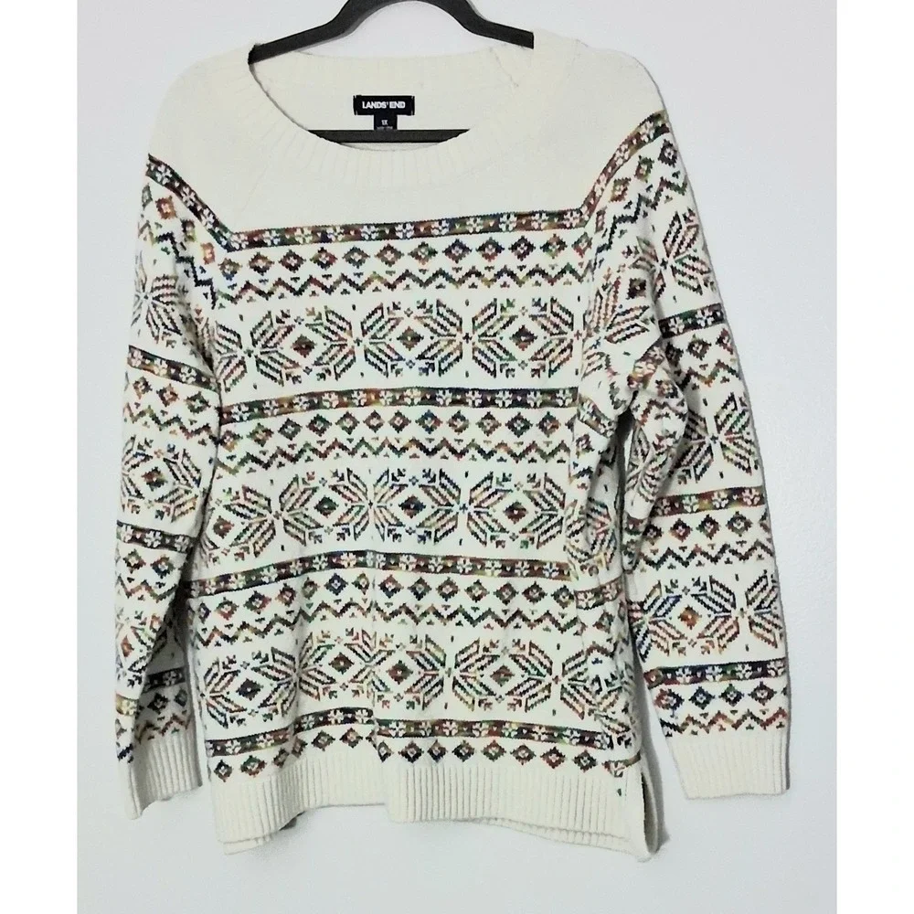 Lands' End Sweater Women's Size 1X Fair Isle Snowflake Rainbow Color Winter Warm